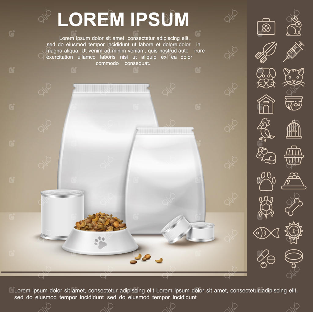 ترکیب واقعی غذای گربه و سگ با کیسه‌های پلاستیکی، کاسه‌ها و قوطی‌های کنسرو همراه با نمادهای حیوانات خانگی و تصویرسازی