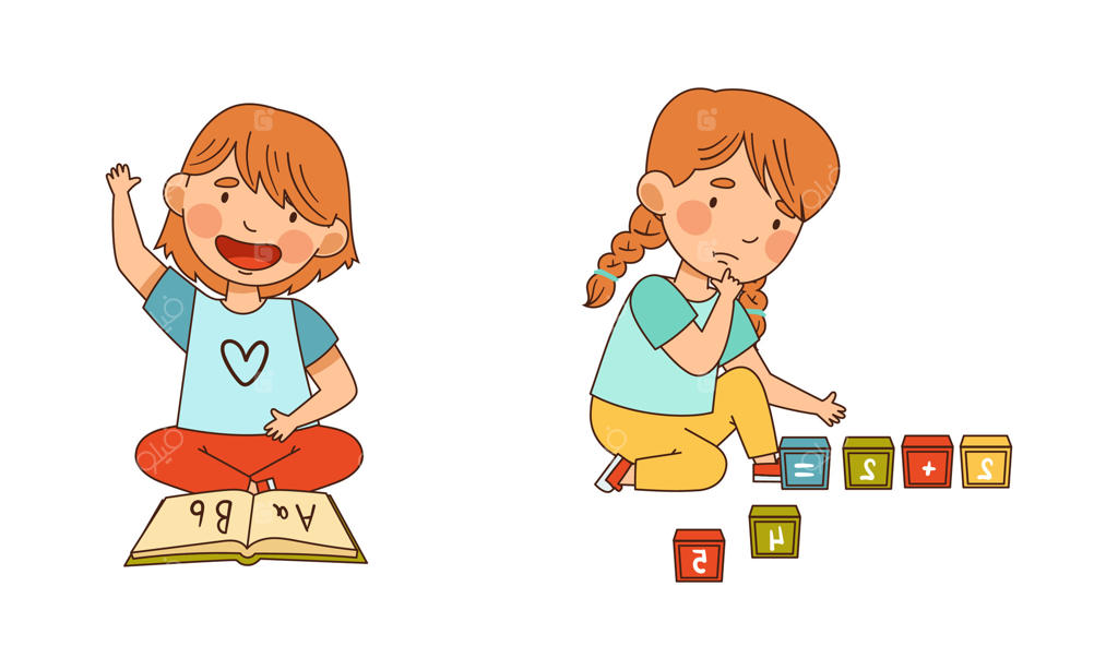 مجموعه تصاویر: دختر کوچکی در مهدکودک در حال یادگیری الفبا با کتاب و جمع زدن با مکعب‌ها