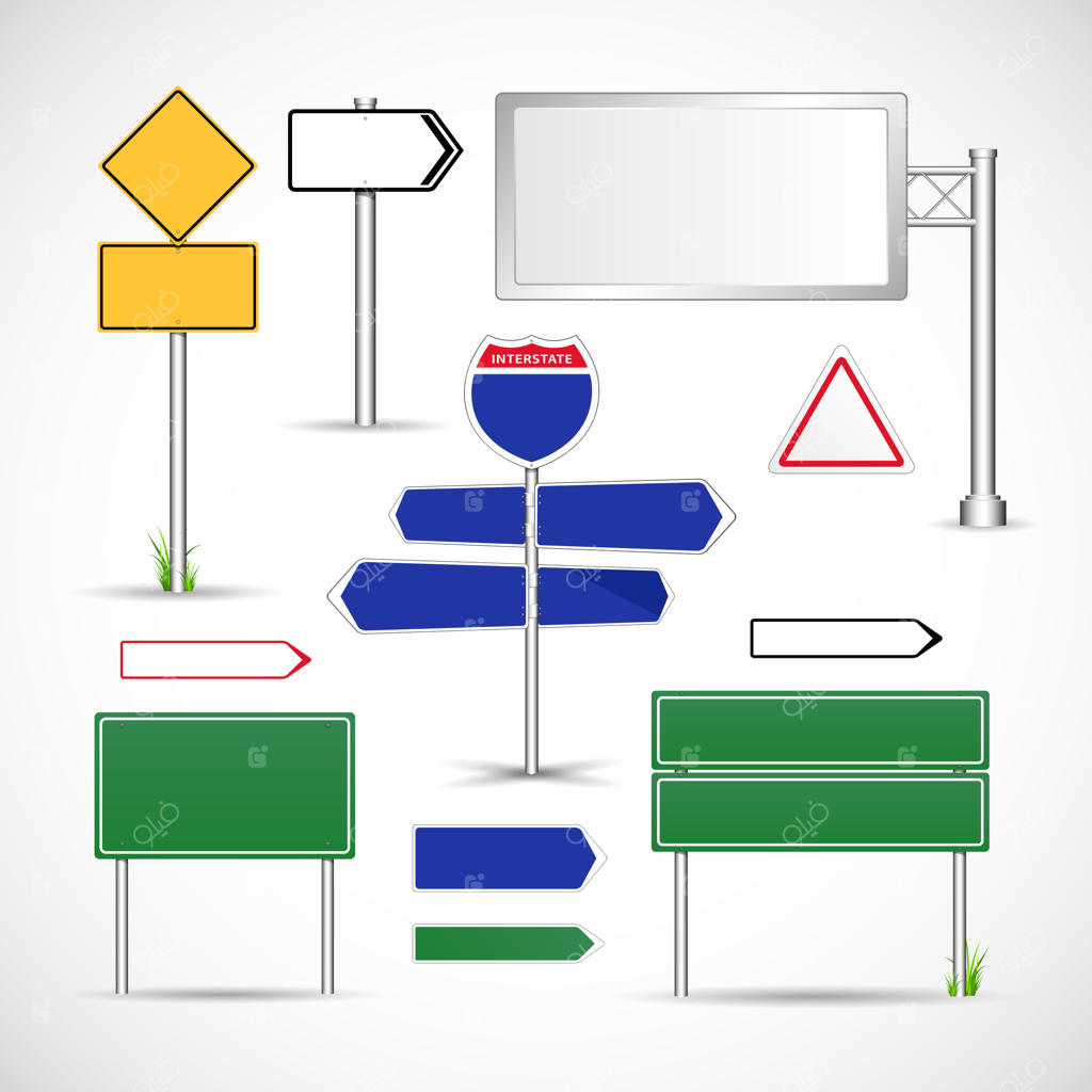مجموعه‌ای از تابلوهای فلزی جاده نصب‌شده بر روی پایه‌ها