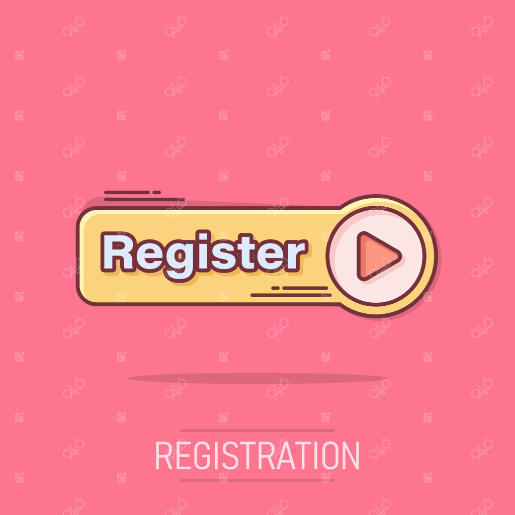 وکتور آیکون «همین حالا ثبت‌نام کنید» با استایل کمیک و کارتونی؛ طرح علامت اعلان عضویت با افکت اسپلش در پس‌زمینه ایزوله