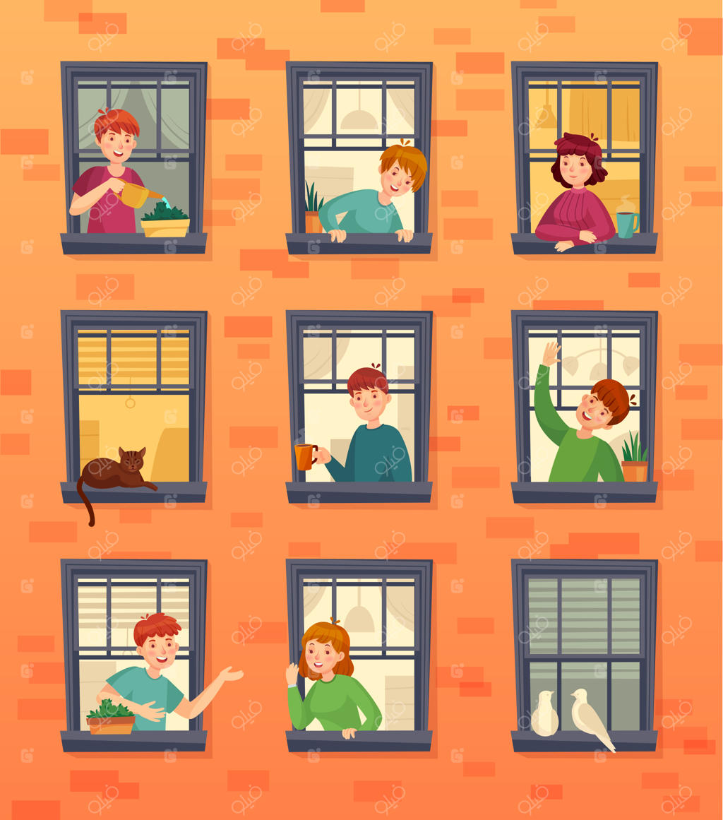 آدم‌ها در قاب پنجره؛ همسایگان در حال گفتگو، نگاهی به بیرون و ساکنان شهر - تصویرسازی وکتور کارتونی