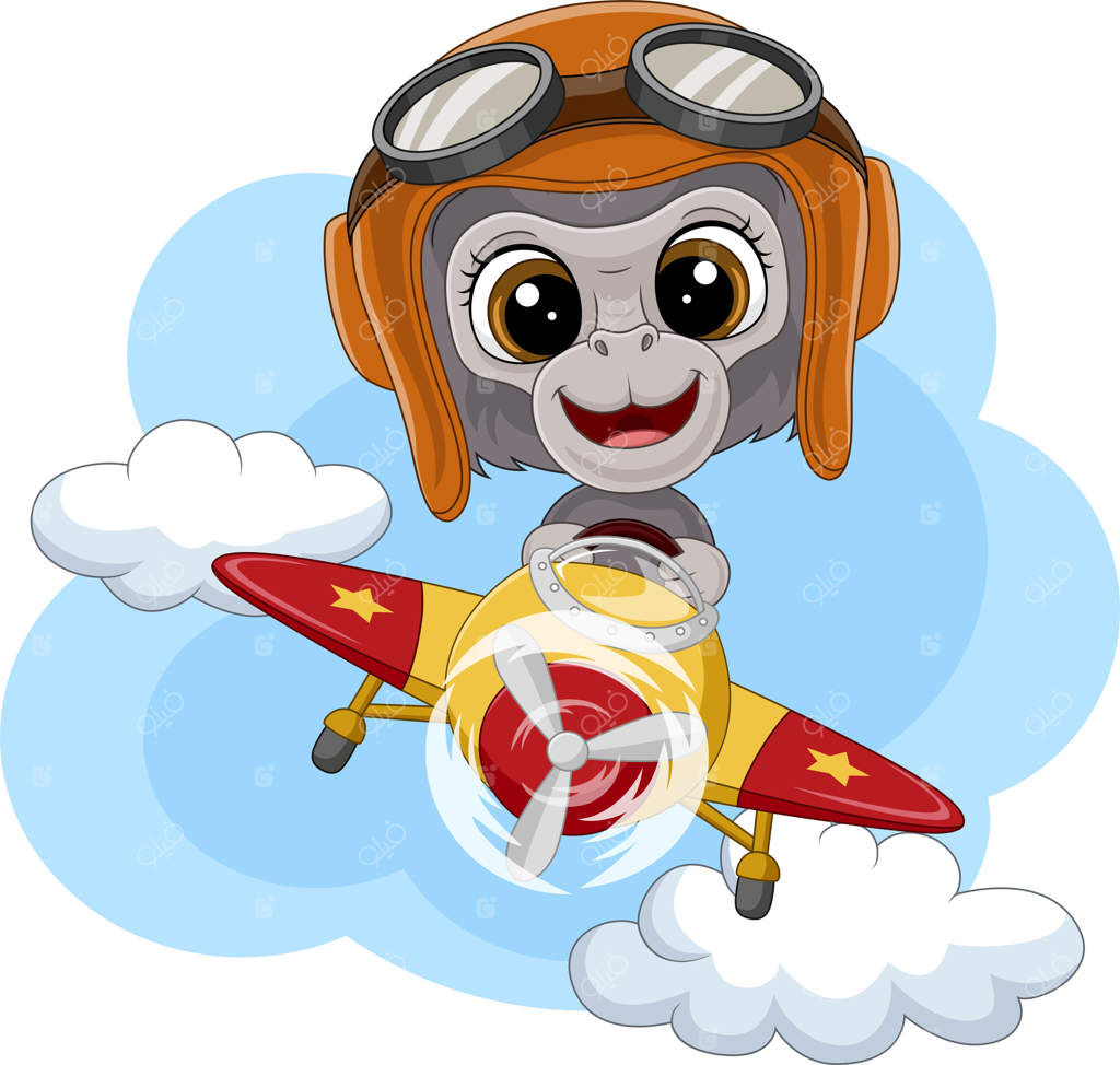 گوریل بچه کارتونی در حال خلبانی هواپیما