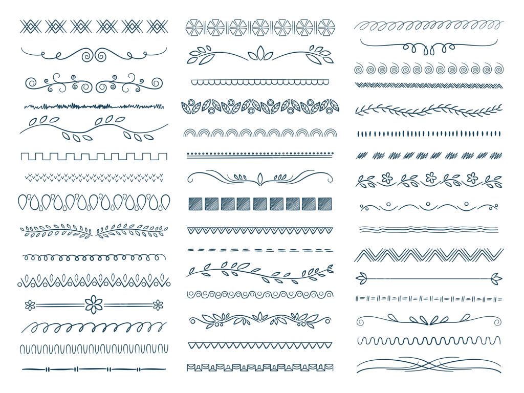 مجموعه جداکننده‌های طرح دستی، حاشیه‌های شاخ و برگ و اشکال تزئینی عروسی؛ تصویرسازی جداکننده‌های خطی و قاب‌های ویکتوریایی