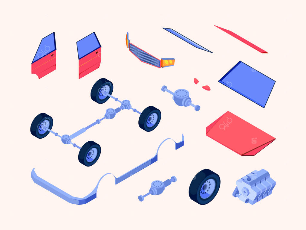 قطعات خدمات خودرو: جزئیات اتومبیل ایزومتریک، موتور توربو، چرخ‌دنده‌ها، لاستیک‌ها، فیلترها، اگزوز، وکتورهای چشمگیر سه‌بعدی