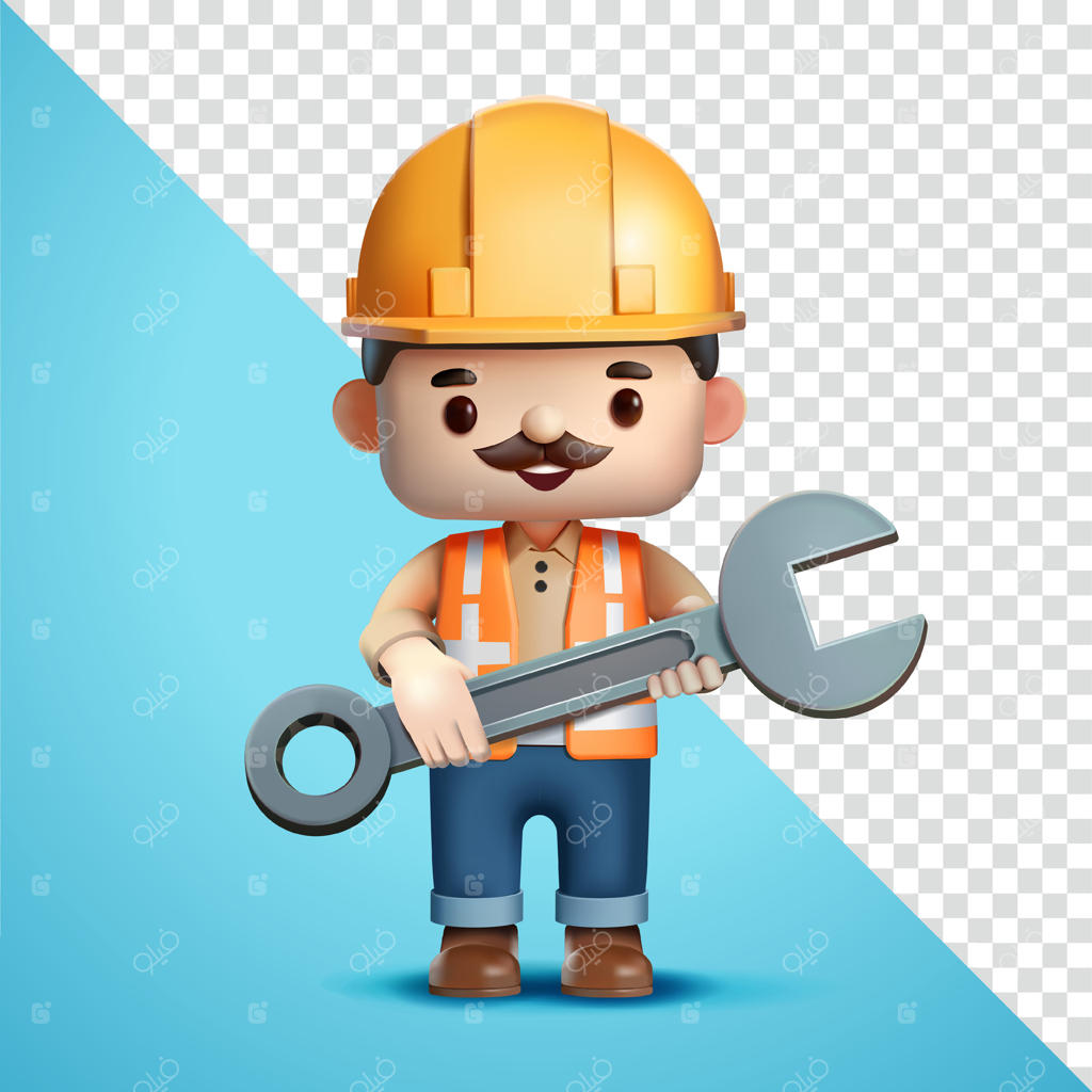 کارگر ساختمانی با آچار، سه بعدی. مناسب برای تجارت، ساختمان و طراحی المان‌ها