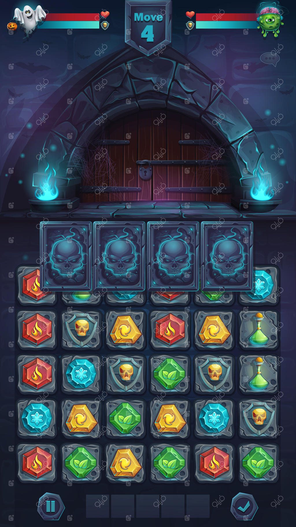 نبرد هیولاها: رابط گرافیکی با درهای بسته و زمین بازی سه‌تایی - تصویرسازی کارتونی برای موبایل با دکمه‌های گزینه و آیتم‌های بازی.