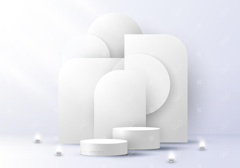 پودیوم استوانه‌ای سفید سه‌بعدی با پس‌زمینه گرد و لامپ LED در محیطی ساده و تمیز