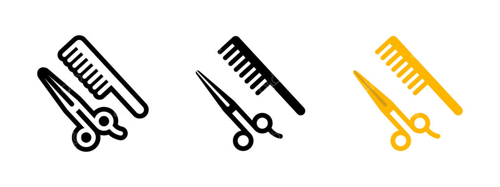 نماد قیچی و شانه: ابزار کلاسیک آرایشگری در حالت ضربدری. نمایانگر خدمات سالن مو، آرایش و پیرایش. نماد زیبایی و استایل.