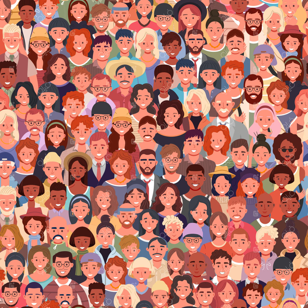 جمعیت بزرگ از مردم چندقومیتی در پترن یکپارچه. شامل کودکان، نوجوانان، بزرگسالان و سالمندان. گروهی از مردان و زنان در سنین مختلف. طراحی تصویرسازی.