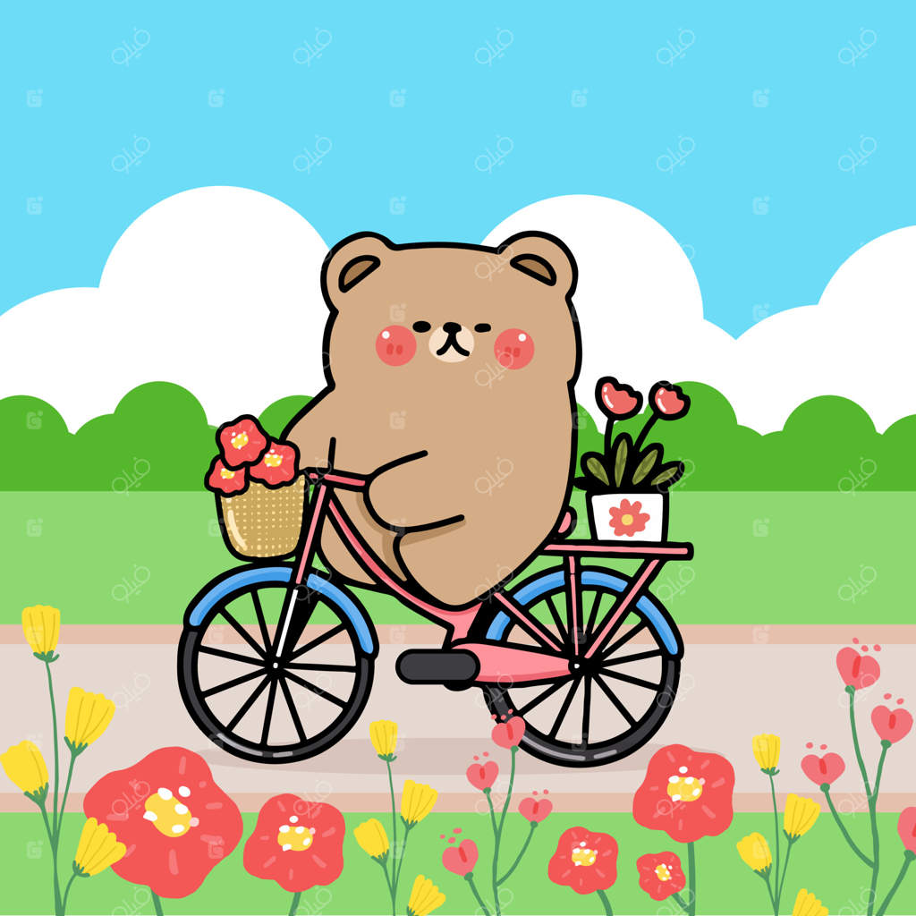 شخصیت کارتونی خرس در حال دوچرخه‌سواری در باغ گل‌های پارک عمومی، فصل بهار و تابستان، تصویرسازی تخت