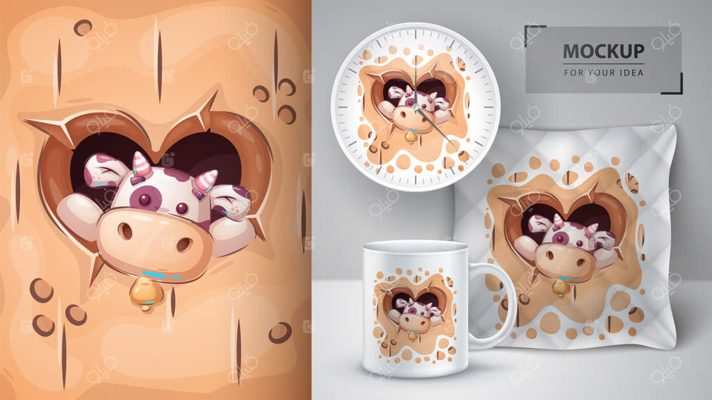 پوستر و محصولات با طرح گاو در قلب - وکتور EPS 10