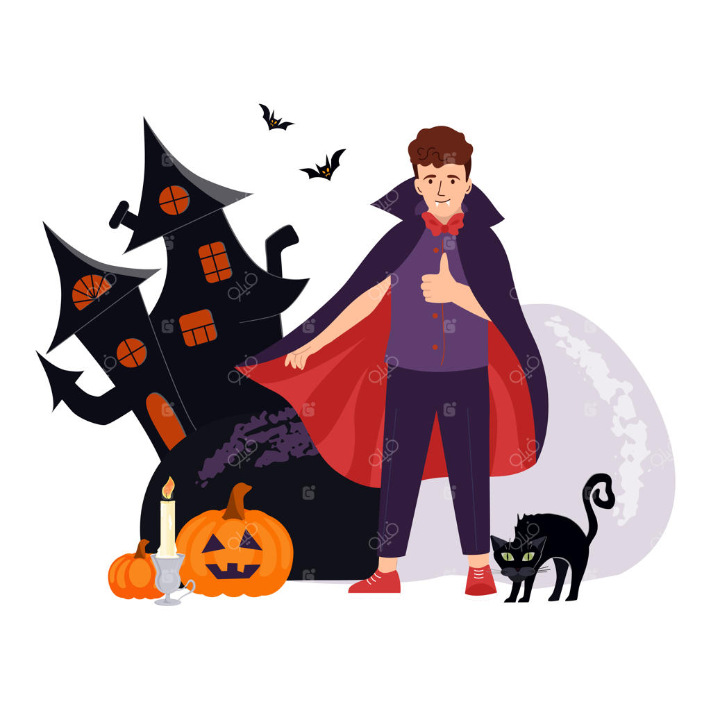 پسر بامزه با لباس دراکولای روشن هالووین در کنار کدو حلوایی و تصویر قلعه جشن می‌گیرد