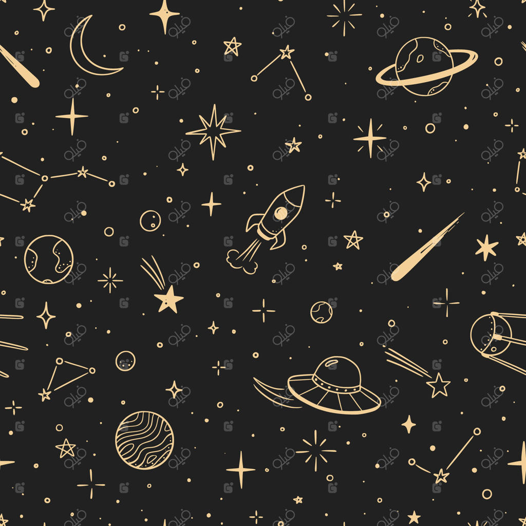ستارگان فضا و کهکشان: طرح بدون درز. طرح دست‌کشیده و خطی کهکشان، سیاره، ستاره، موشک، ماه و آسمان زیبا. الگوی نقاشی کودکانه از سیارات و جهان فضا. تصویرگری