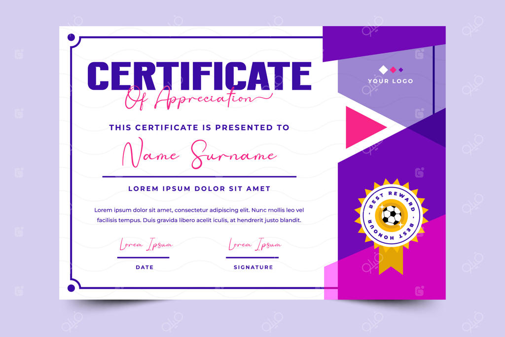 الگوی طراحی گواهینامه رویداد ورزشی تورنمنت فوتبال قابل تنظیم و سفارشی سازی آسان