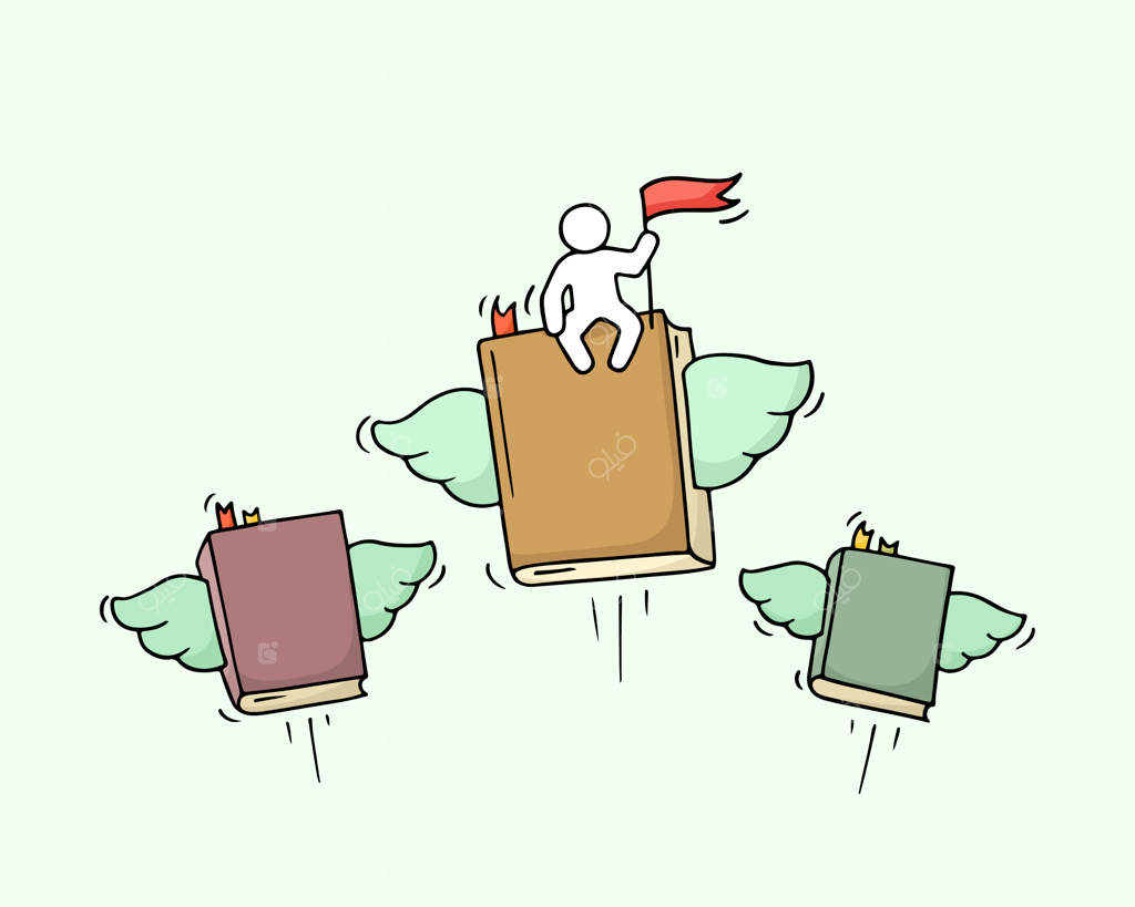 طرح کتاب‌های پرنده همراه با کارگر کوچولو.