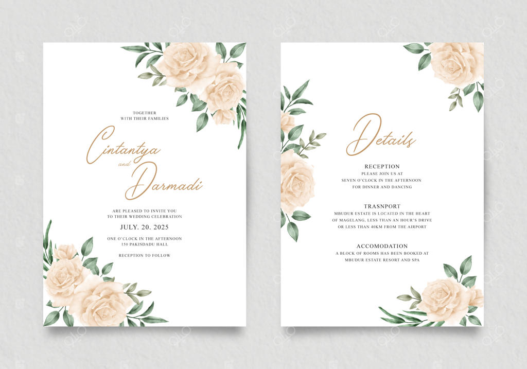 الگوی دعوتنامه عروسی دو طرفه زیبا با گل رز زرد