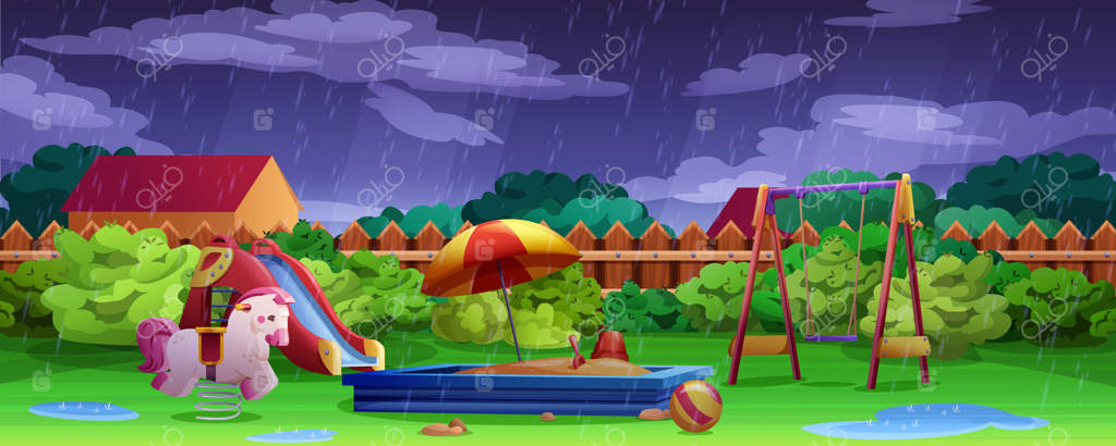زمین بازی کودکان در هوای بارانی با چاله‌های آب. باغ تابستانی با تاب، سرسره و جعبه شن. فضای بازی در حیاط خلوت با چمن، شن‌بازی و الاکلنگ. تصویرسازی کارتونی فعالیت‌های کودکانه