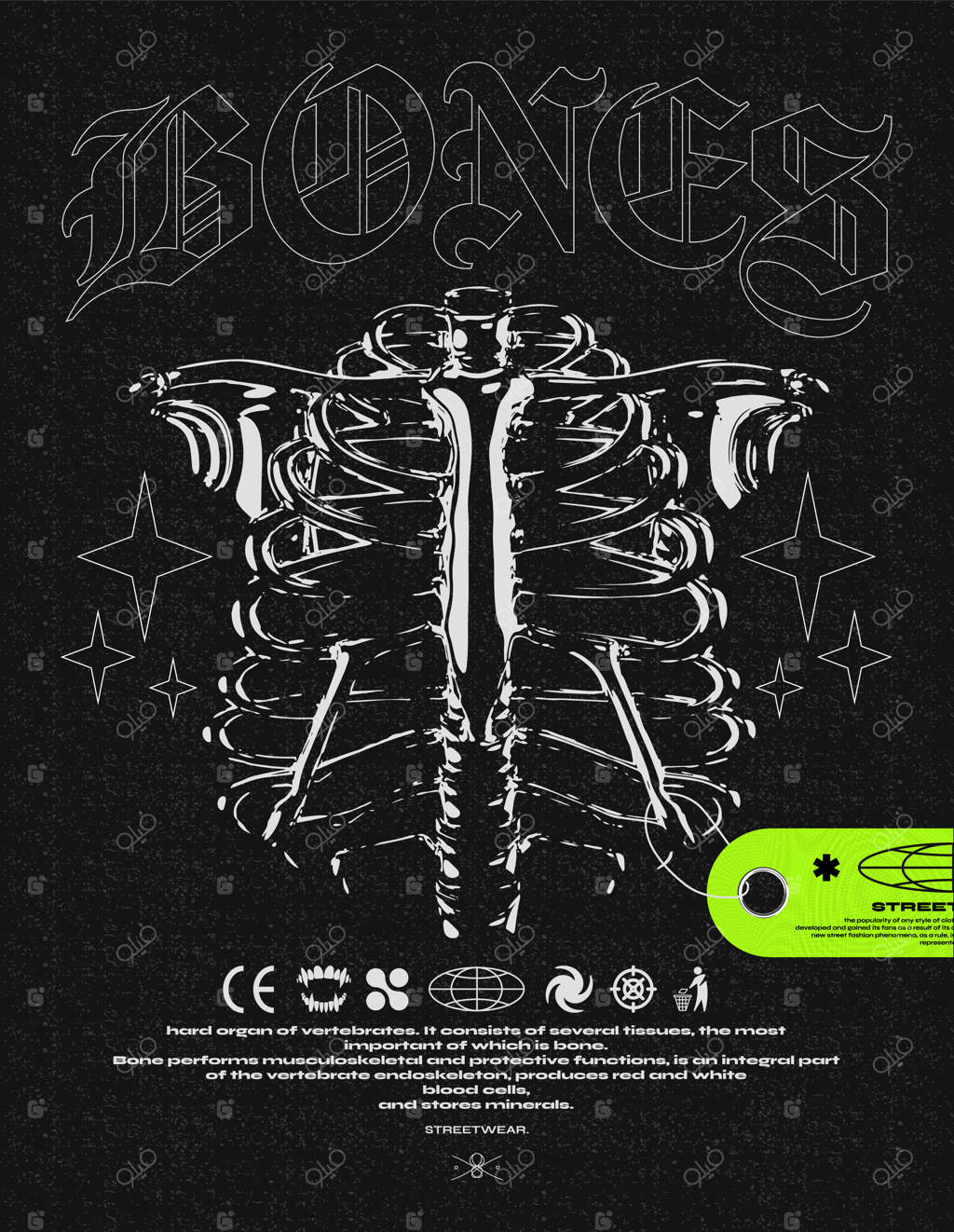 پوستر رترو فوتوریستی با دنده‌های اسکلت انسانی و بافت‌های کهنه - چاپی مدرن و شیک