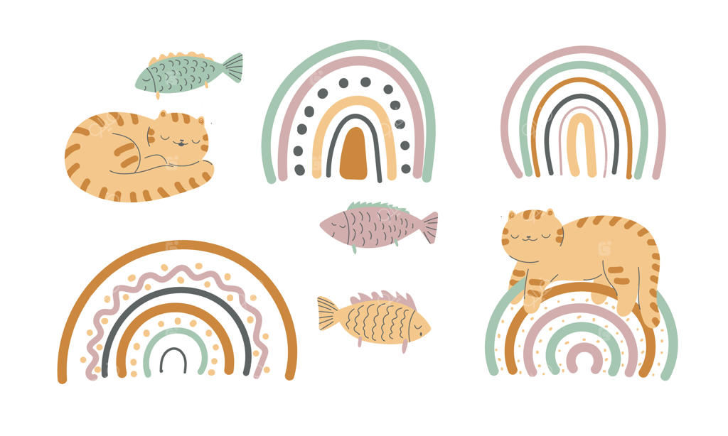 گربه رنگین‌کمانی انتزاعی در طاق بوهوی مینیمال: طراحی مدرن برای اتاق کودک و نوزاد