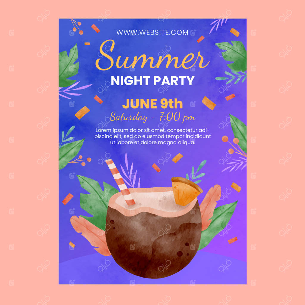 قالب پوستر مهمانی شب تابستانی با کوکتل نارگیل به سبک آبرنگی