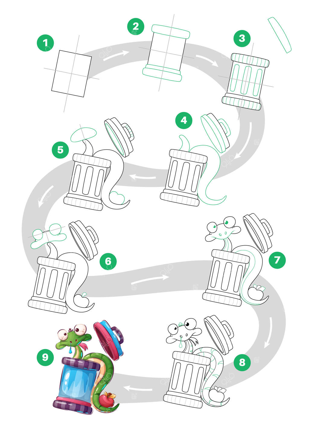 آموزش طراحی کاراکتر کارتونی مار در سطل زباله