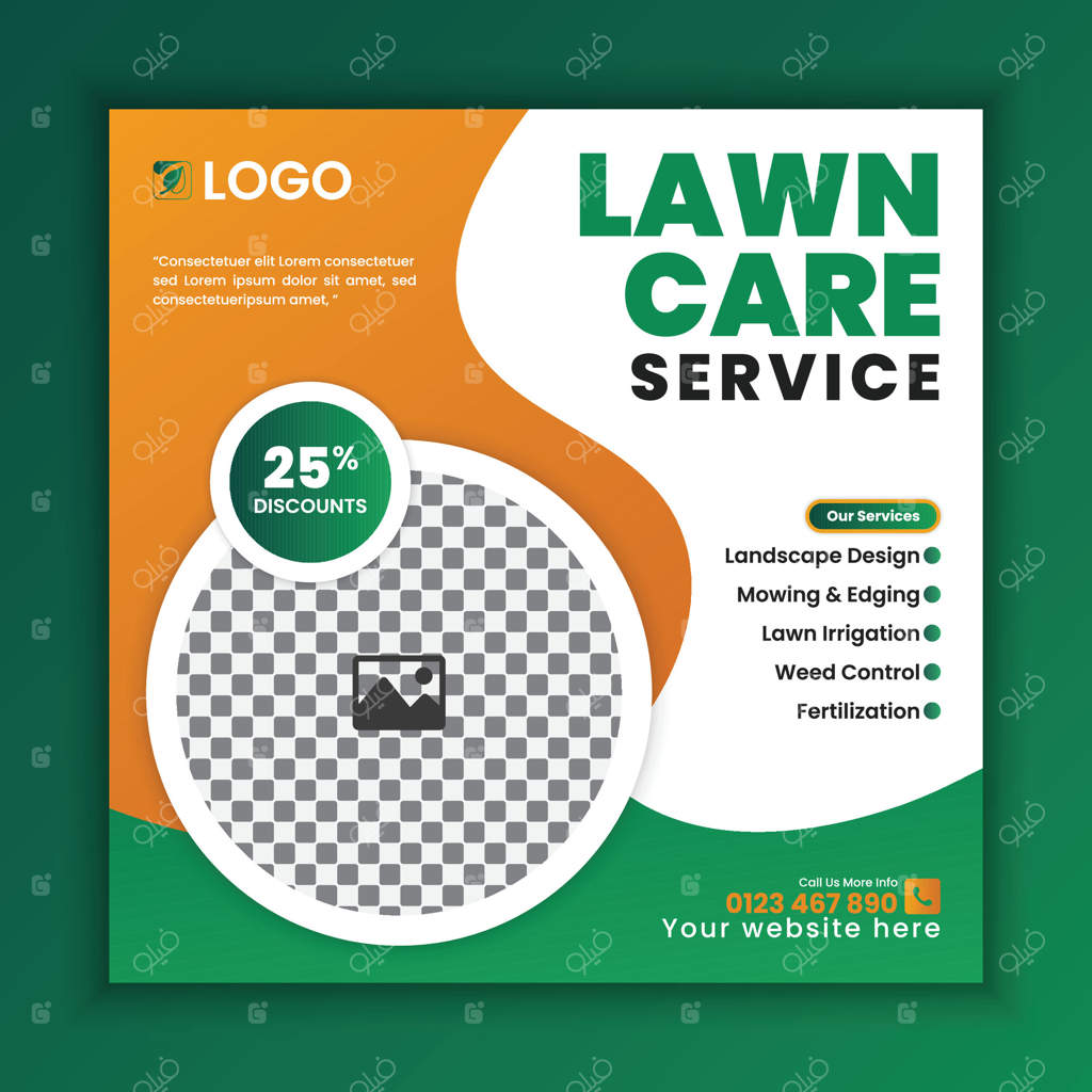 طراحی پست شبکه‌های اجتماعی برای خدمات نگهداری از چمن، باغ و فضای سبز. قالب تراکت مربعی برای ماشین چمن‌زن، قالب پست شبکه‌های اجتماعی برای خدمات کشاورزی و باغداری