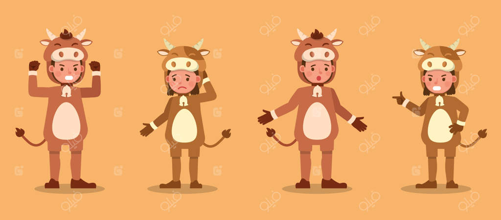 پسر و دختر با لباس‌های گاو: نمایش شخصیت در حالات و احساسات مختلف.