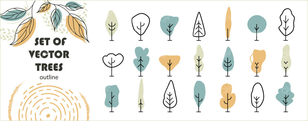 طراحی درختان ساده از نمای جلو: طراحی محوطه با درختان، بوته‌ها و درختچه‌های متنوع.