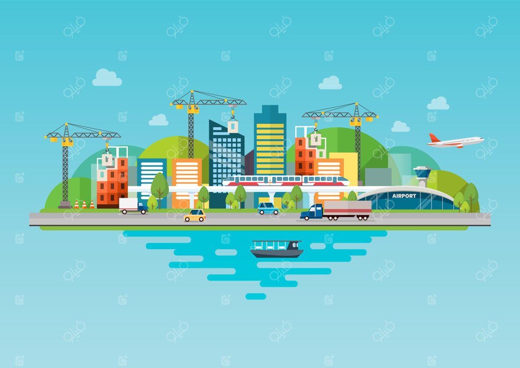 تصویر شهری با زیرساخت‌ها و ساختمان‌های در حال ساخت. وکتور ایلوستریشن