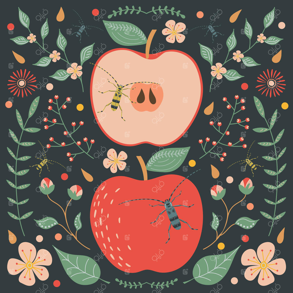 سیب قرمز بر پس‌زمینه‌ی تیره با عناصر گل‌ها، برگ‌ها و سوسک‌ها
