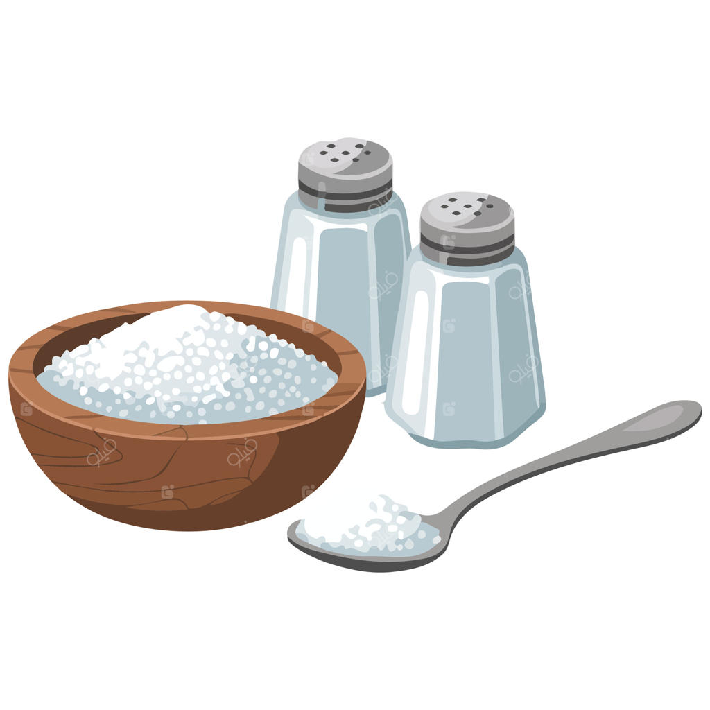 تصویر کارتون: ریختن نمک با قاشق از نمک‌پاش در لیوان - تصویرسازی مواد غذایی حاوی سدیم بر روی پس‌زمینه سفید