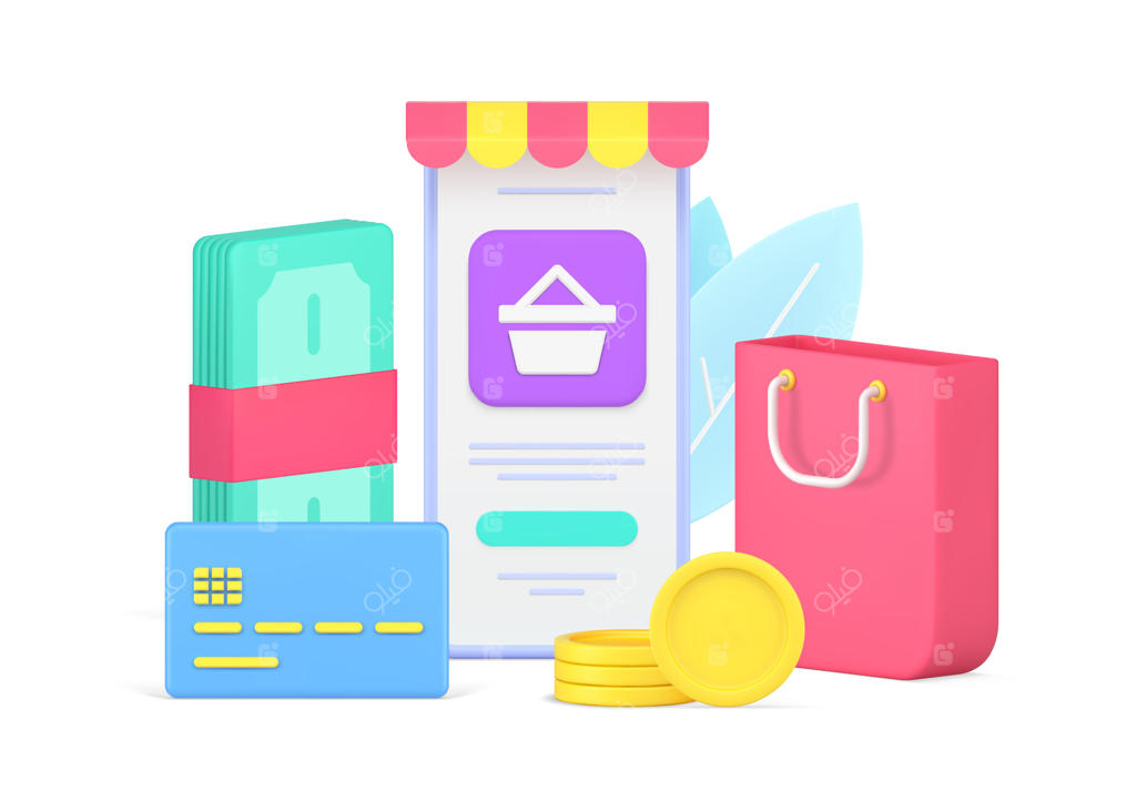 رابط کاربری سایه‌بان فروشگاه دیجیتال روی صفحه‌نمایش گوشی هوشمند با پول نقد و کارت اعتباری