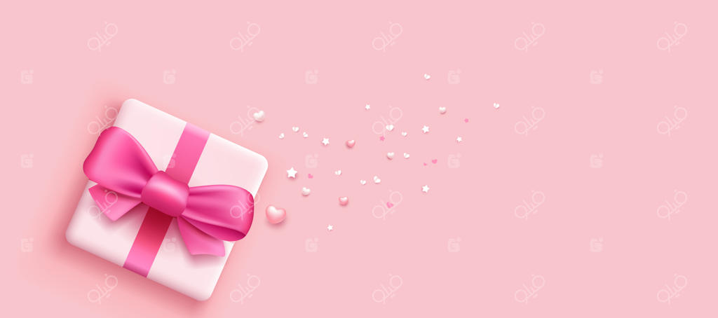 جعبه هدیه با روبان و پاپیون صورتی - طراحی بنر بر روی زمینه صورتی، تصویرسازی وکتور eps10.