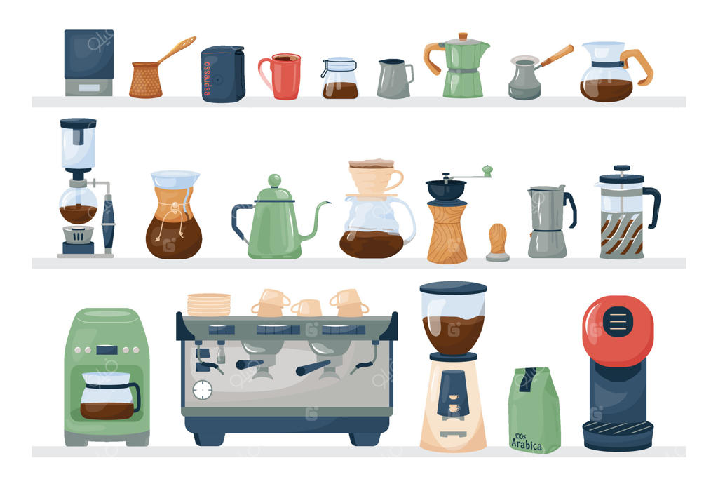 مجموعه‌ای از ابزارها و مواد تهیه قهوه، ماشین قهوه‌ساز، جذوه، آسیاب، فرنچ پرس طراحی تخت برای منوها، کافه یا قهوه‌خانه مجموعه‌ای شیک از تنوع اقلام قهوه