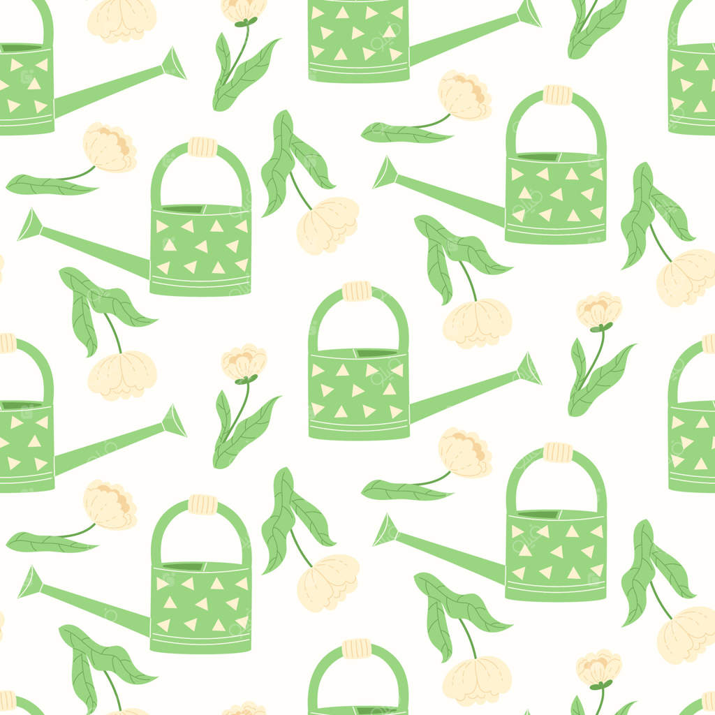 پترن یکپارچه با آب‌پاش سبز باغ، طراحی هندسی و گل‌های صد تومانی سفید روی پس‌زمینه‌ی سفید