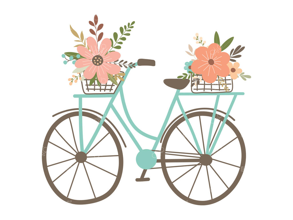 دوچرخه‌ای با سبدی از گل‌ها و برگ‌ها