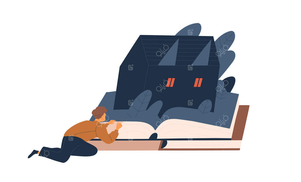 فردی ترسیده در حال خواندن کتاب داستان ترسناک. خواننده‌ای با ادبیات دلهره‌آور. مردی وحشت‌زده و داستان هیجان‌انگیز یک تریلر. مفهوم خیال‌پردازی. تصویرسازی ساده وکتور، جدا شده بر روی زمینه سفید.