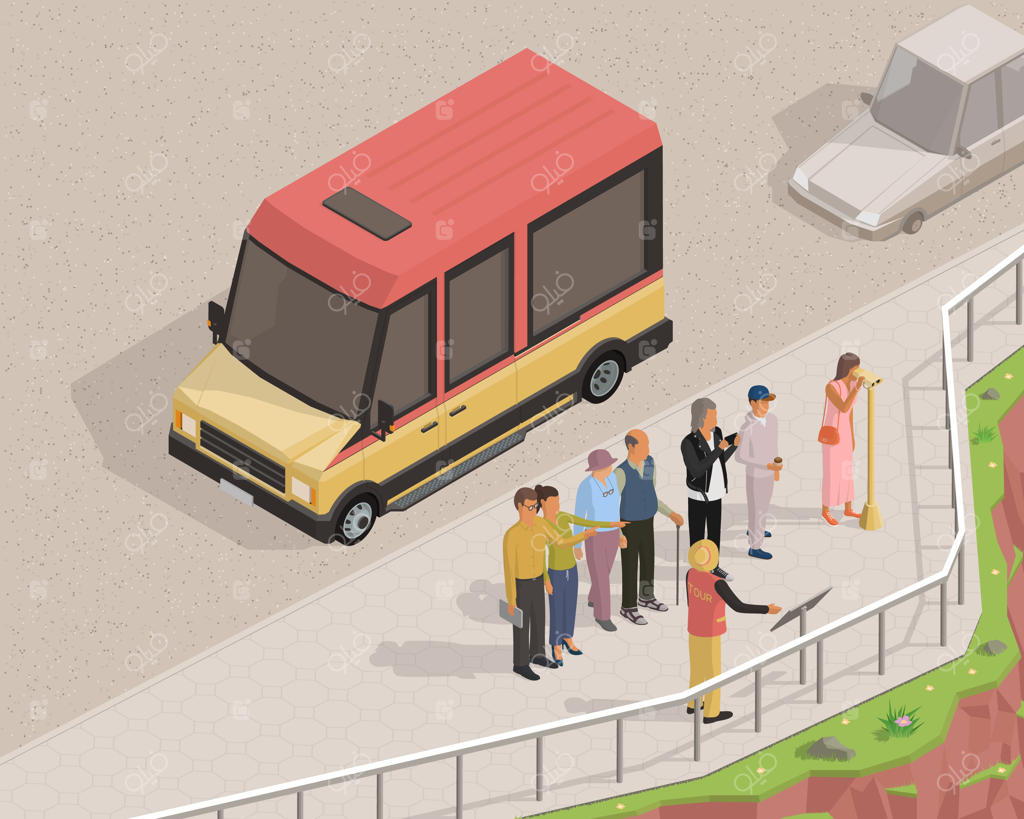 تصویر ایزومتریک با موضوع گردشگری: اتوبوس، گردشگران و راهنما.