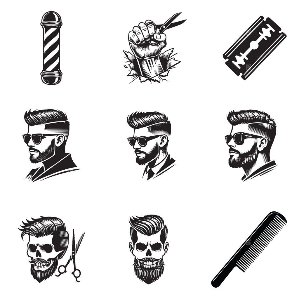 مجموعه لوگو و تصویرسازی آرایشگاه مردانه، کلیپ‌آرت، طرح‌های پدرانه و مرد ریش‌دار