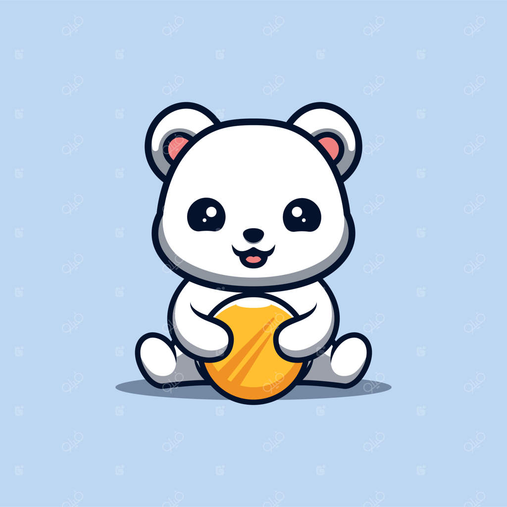 لوگو خرس قطبی نشسته با سکه طلایی به سبک کارتونی بامزه و خلاقانه