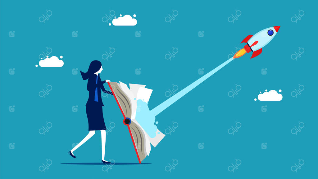 زن کارآفرین با راکتی که از کتاب به آسمان می‌رود