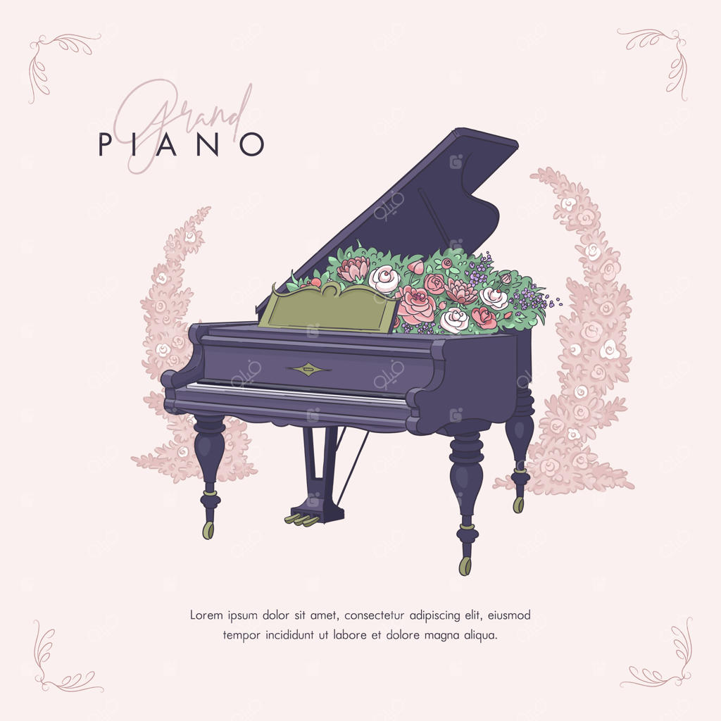 طرح دستی پیانو و گل‌ها