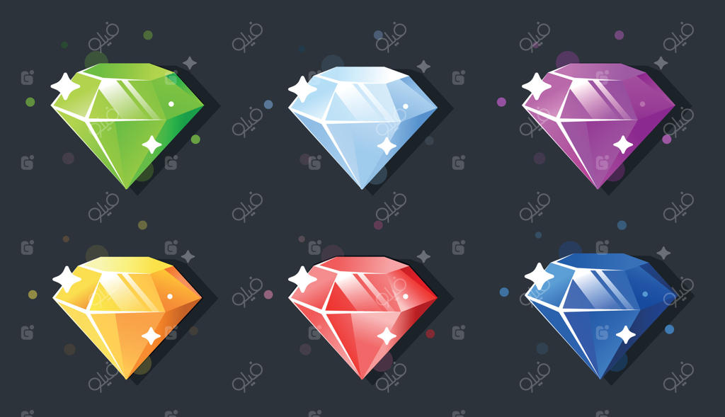 مجموعه شش کریستال درخشان و رنگارنگ با تابش انرژی در رنگ‌های آبی، سبز، قرمز و زرد؛ مناسب برای پروژه‌های فانتزی، گیمینگ و ماورایی، نماد جادو و قدرت