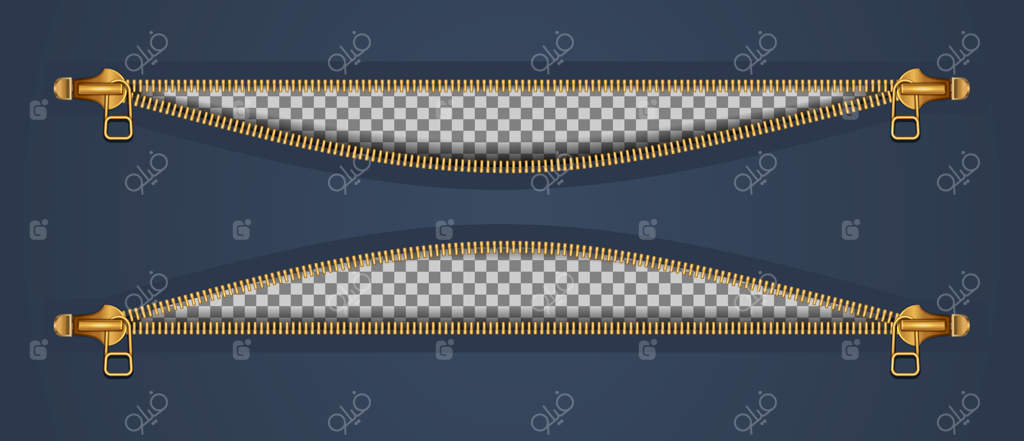دو زیپ برای لباس، از دو سوی بسته، باز. رنگ طلایی بر زمینه تیره