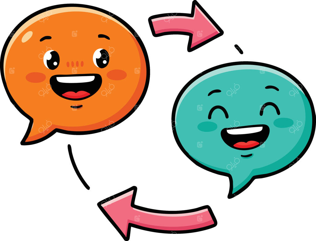 حباب‌های گفتگوی شاد با پیکان‌هایی که ارتباط و تبادل پیام را نشان می‌دهند در یک تصویر رنگارنگ