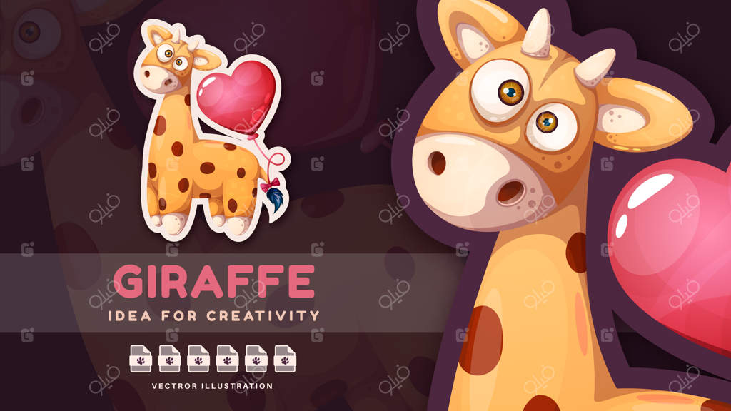 زرافه کارتونی با بادکنک قلبی شکل در آسمان