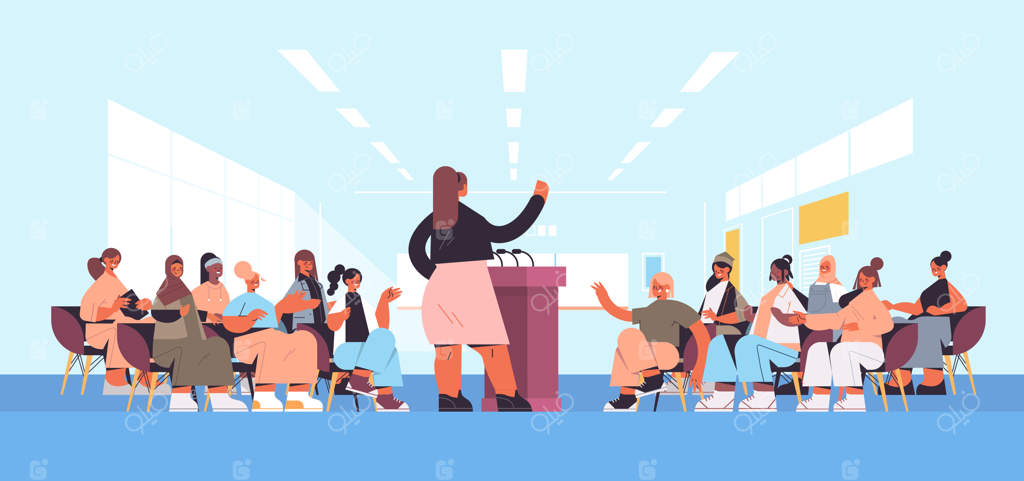 گروهی از دوستان زن با نژادهای مختلف در حال بحث در باشگاه بانوان: حمایت و همبستگی فمینیستی در سالن سخنرانی