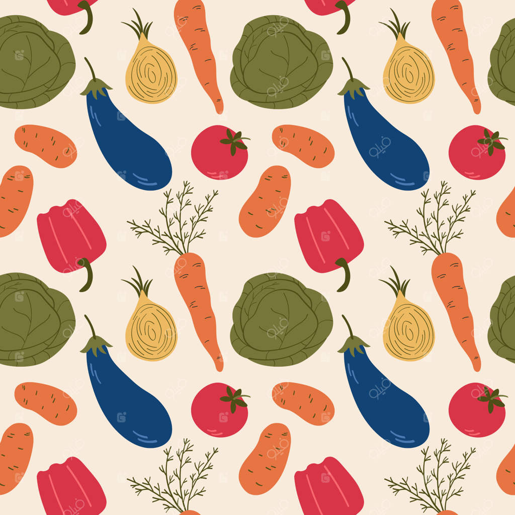 پترن یکپارچه سبزیجات با گوجه‌فرنگی، فلفل دلمه‌ای، بادمجان، پیاز، سیب‌زمینی، کلم، هویج. پس‌زمینه‌ی تکرارشونده با برداشت سبزیجات. غذای گیاهی، مواد اولیه، مزرعه، باغ، بازار