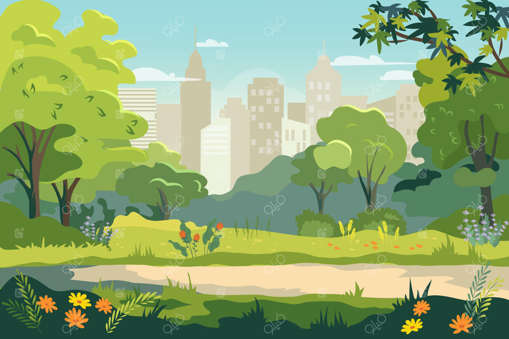 باغ عمومی در شهر: نمای پانورامای پارک شهری با درختان سبز، چمن و منظره شهری در پس‌زمینه. تصویرسازی کارتونی از چشم‌انداز پارک خالی و ساختمان‌های شهر در افق