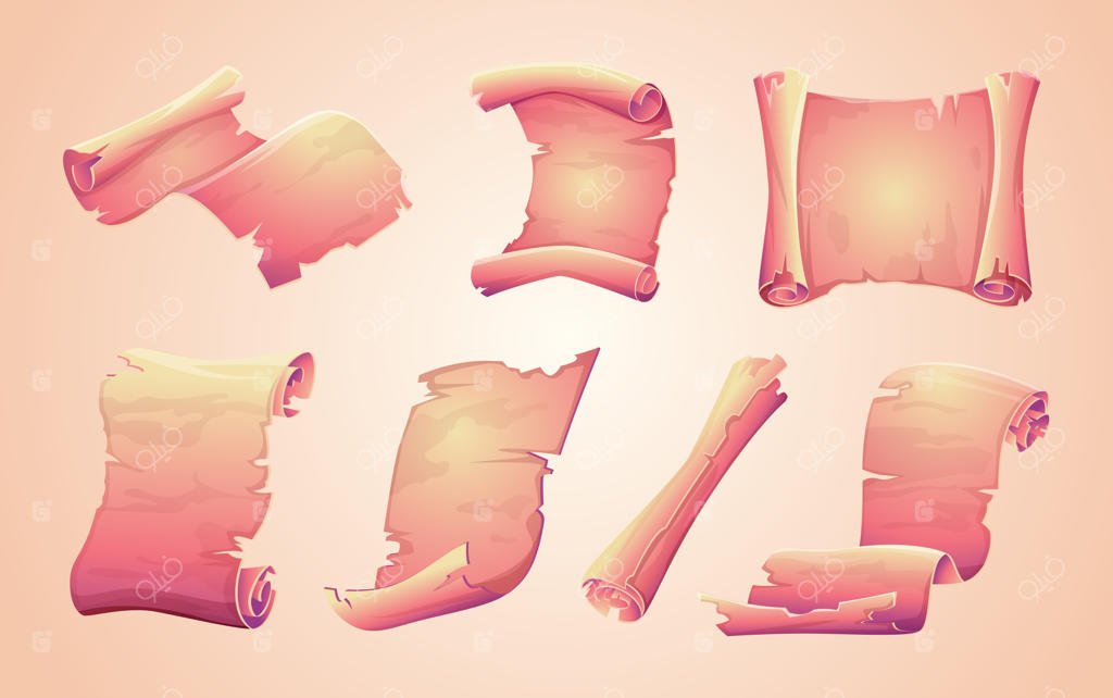 مجموعه‌ای از تصاویر کارتونی دقیق وینتج از جواهرات تاریخی کاغذهای پاپیروس کهنه و باستانی